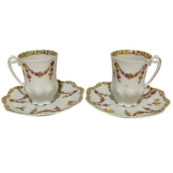 Vintage Carlsbad Austria porcelain demitasse tea cup & saucer sets (2) pink rose - Picture 1 of 15
